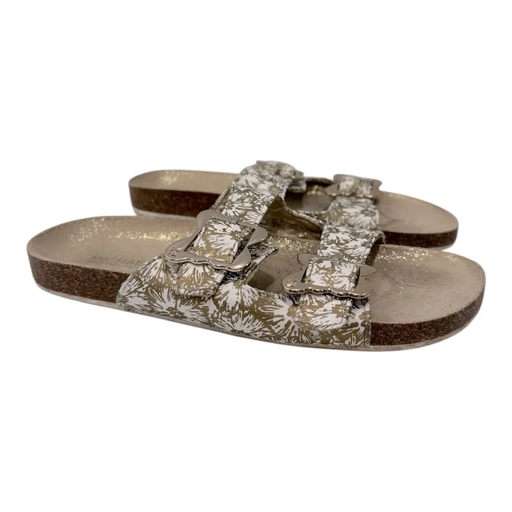 Michael Kors Sandals Youth 3 Double Buckle Strap Slide White Gold Flats Slip On